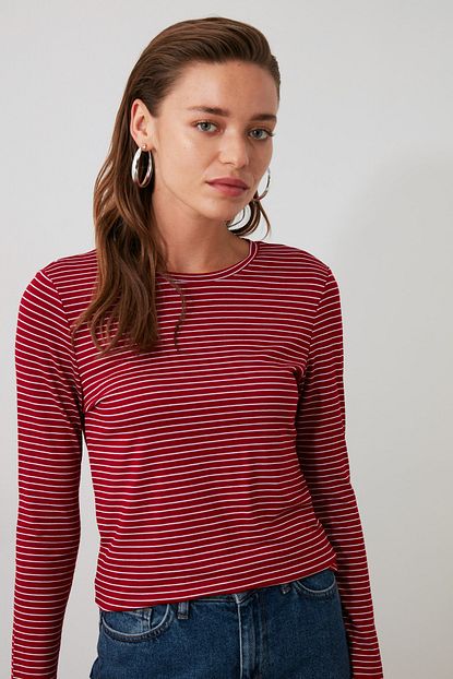 Trendyolmilla Kirmizi Cizgili Basic Uzun Kol Orme T Shirt Twoaw20ts0097 Trendyol