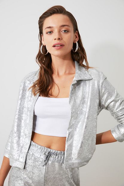 Trendyolmilla Gumus Varakli Orme Ceket Twoaw20ce0060 Trendyol