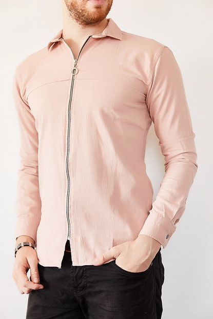 Xhan Erkek Pudra Fermuarli Slim Fit Gomlek 0yxe2 44038 50 Trendyol