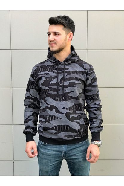 Brofashion Erkek Siyah Kamuflaj Desenli Kapsonlu Sweatshirt Trendyol