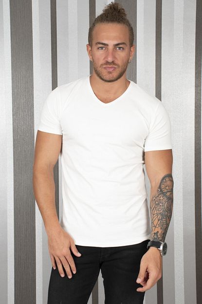 Deepsea Erkek Krem V Yaka Slim Fit Duz Tisort Trendyol