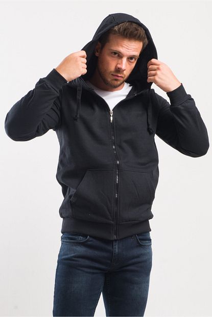 Caddecity Erkek Siyah Duz Fermuarli Kaps Kanguru Cep Detay Sweatshirt Trendyol