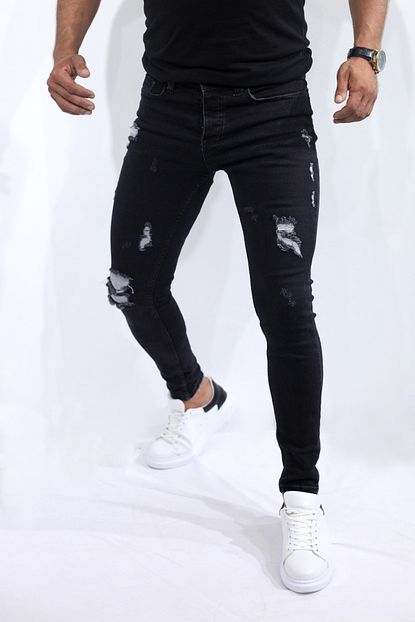 Oscar Fashion 2125 Erkek Siyah Renk Yirtik Desen Skinny Fit Likrali Dar Paca Kot Pantolon Trendyol