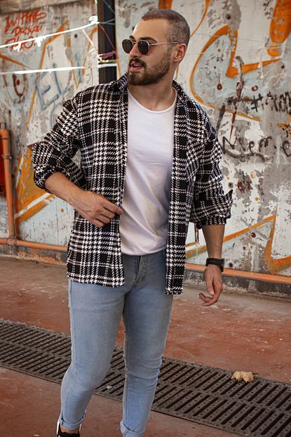 Moda Fethi Erkek Siyah Beyaz Kalin Oduncu Gomlek Trendyol