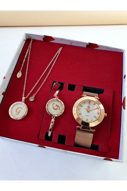 Esnastore G Harfli Rose Gold Hasir Kordonlu Kolye Bileklik Hediyeli Kadin Kombin Saat Trendyol