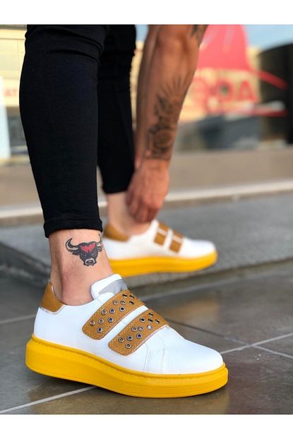 Realglamor Erkek Beyaz Sari Cirtli Kalin Taban Ayakkabi Ba0136 Trendyol