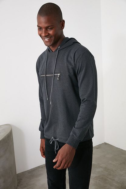 Trendyol Man Antrasit Erkek Kapusonlu Regular Fermuar Detayli Sweatshirt Tmnaw21sw0257 Trendyol