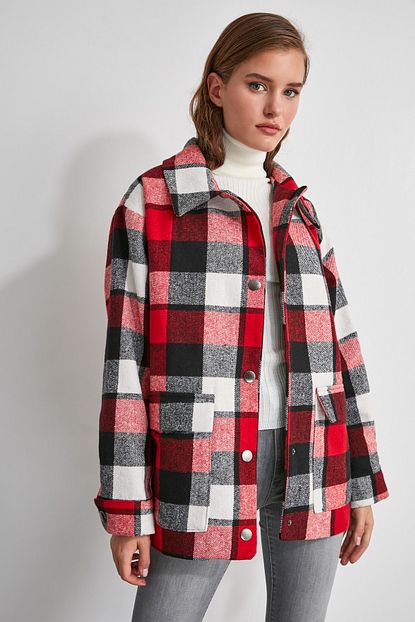Kirmizi Ekose Kapsonlu Ceket Bade Butik