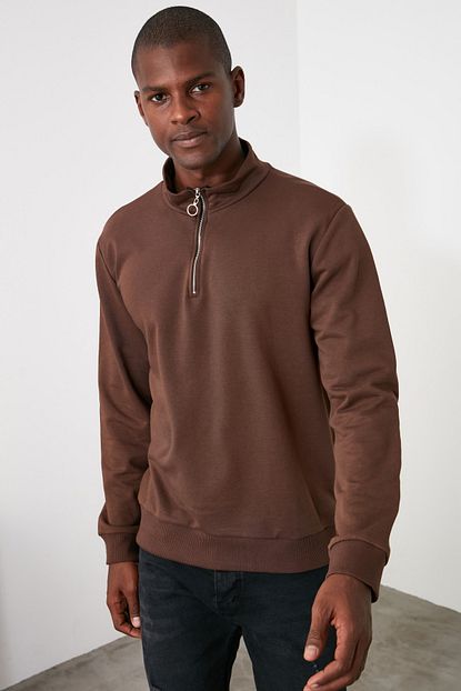Trendyol Man Kahverengi Erkek Fermuarli Dik Yaka Regular Sweatshirt Tmnaw21sw0304 Trendyol
