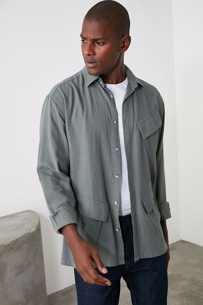 Trendyol Man Haki Erkek Oversize Asimetrik Cepli Gomlek Tmnaw21go0464 Trendyol