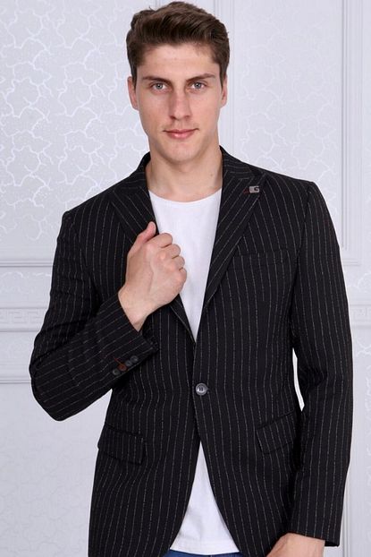 Gentleman Erkek Siyah Slim Fit Blazer Cizgili Ceket Trendyol