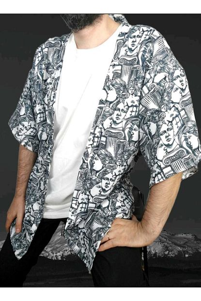 Vatkalimon Erkek Beyaz Standart Beden Desenli Kimono Gomlek Trendyol