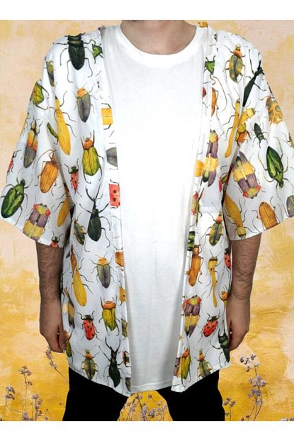 Vatkalimon Erkek Beyaz Standart Beden Desenli Kimono Gomlek Trendyol