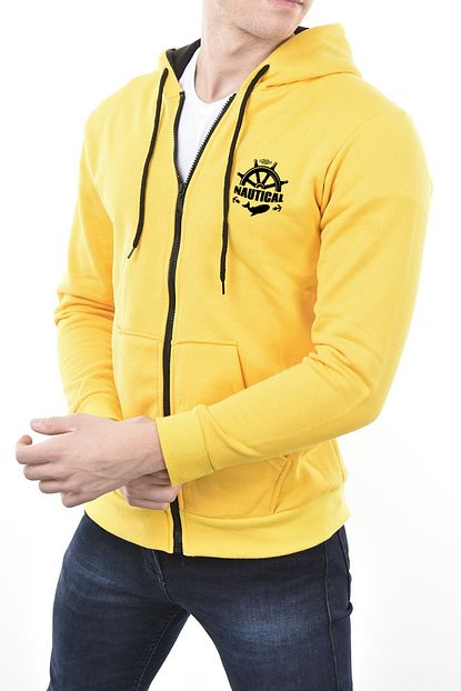 Moccoll Erkek Sari Kapsonlu Denizci Baskili Onden Fermuarli Sweatshirt Trendyol