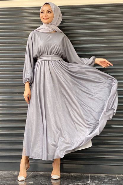 Adressbutik Kadin Gri Renk Simli Kumas Beli Lastikli Kemerli Tesettur Abiye Elbise Trendyol