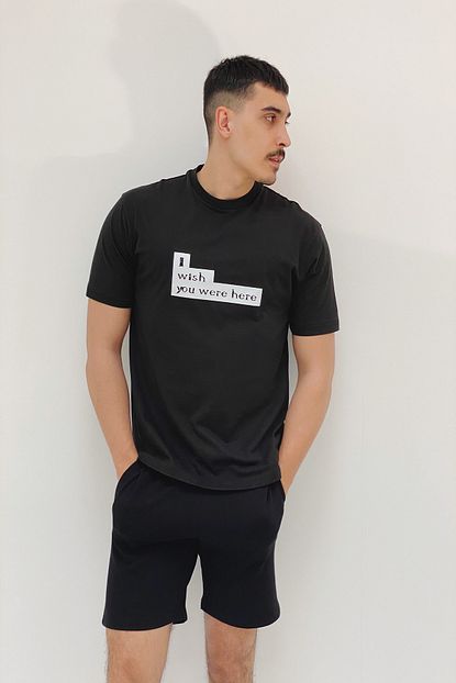 Eoselio Erkek Siyah Wish Baskili Standart Fit Tshirt Trendyol
