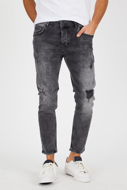 Denim Republic Erkek Gri Yirtik Kisa Paca Kot Pantolon Trendyol