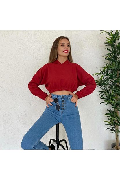 Modasehle Kadin Kirmizi Uzun Kollu Kapusonlu Gobek Ustu Sweatshirt Trendyol