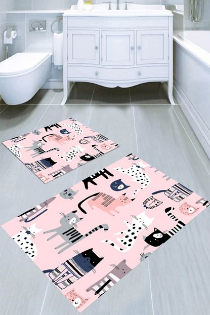 Resmiro Pembe Zemin Kedi Desenli 2 Li Banyo Paspasi 50x60 Cm 60x100 Cm Trendyol
