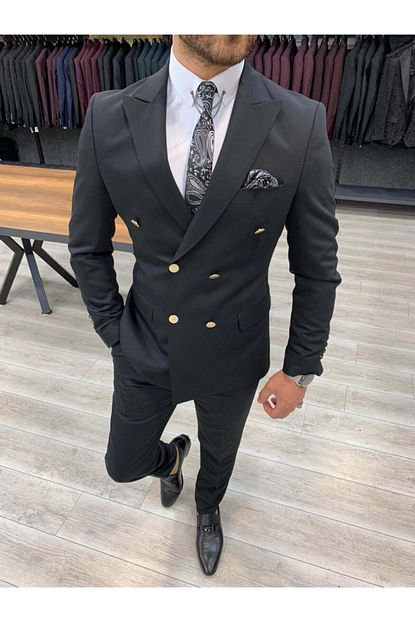Parez Erkek Siyah Kruvaze Slim Fit Takim Elbise Trendyol