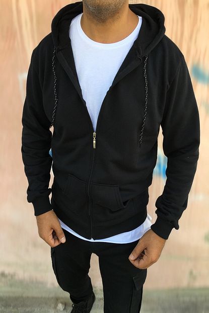 Outlet Carsim Erkek Kapusonlu Basic Duz Siyah Sweatshirt Trendyol