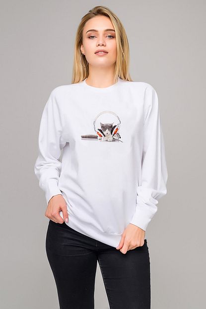 Collage Kadin Beyaz Kedi Cat Phone Muzik Kulaklik Baskili Orme Sweatshirt Trendyol