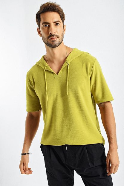 Chuba Erkek Yesil Kapusonlu Kisa Kollu Oversize Triko Kazak Trendyol