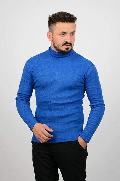 Edwox Erkek Mavi Slim Fit Balikci Yaka Bogazli Kazak Trendyol