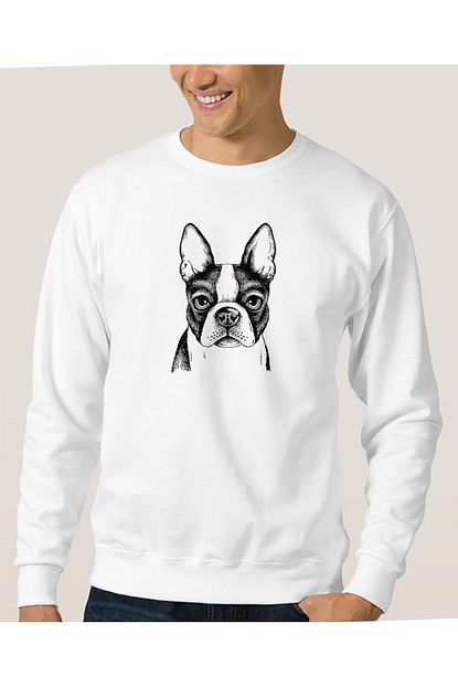 Collage Boston Terrier Fransiz Bulldog Kopek Yavrusu Baskili Beyaz Erkek Orme Sweatshirt Uzun Kol Trendyol