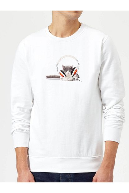 Collage Kedi Cat Phone Muzik Kulaklik Baskili Beyaz Erkek Orme Sweatshirt Uzun Kol Trendyol