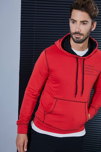 Sateen Men Erkek Kirmizi Dikisli Kapsonlu Sweat Trendyol