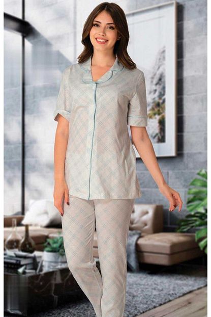 Effort Pijama Effortt 8068 Mavi Ekose Desenli Onden Dugmeli Lohusa Pijama Takimi Trendyol