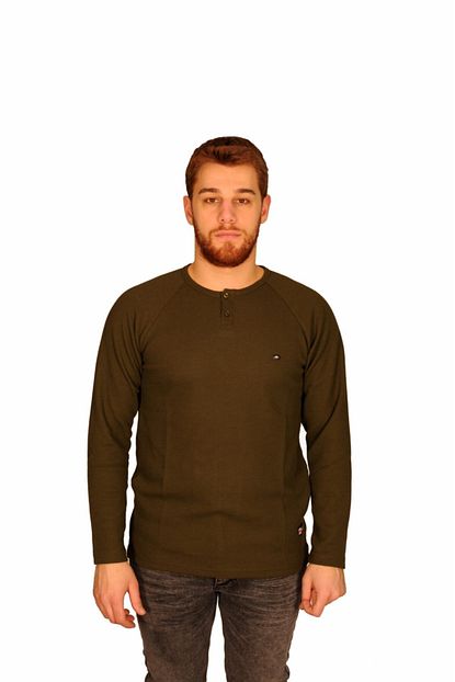 Stil Kombin Erkek Haki Baros Waffle Dugmeli Sifir Yaka Sweatshirt Trendyol
