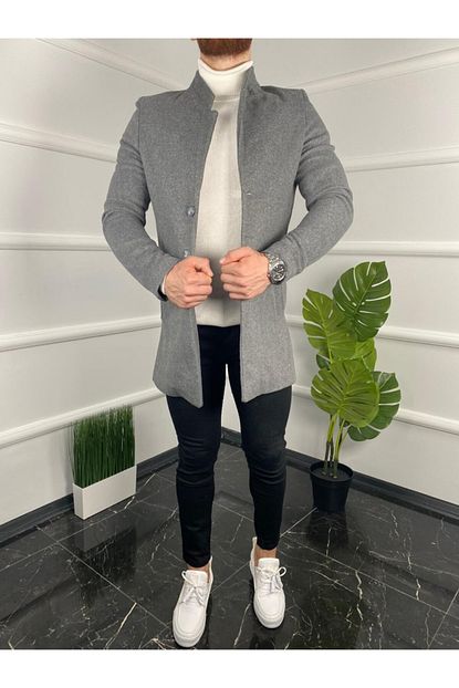 Ukdwear Erkek Gri Slim Fit Dik Yaka Kase Kaban Trendyol