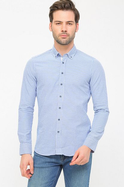 Altinyildiz Classics Erkek Beyaz Mavi Tailored Slim Fit Cizgili Gomlek Trendyol