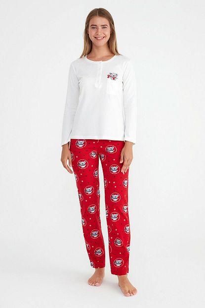 Suwen Kadin Kirmizi Baskili Koalina Pijama Takimi Trendyol
