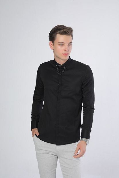 Vacchi Erkek Siyah Slimfit Zincirli Gomlek Trendyol