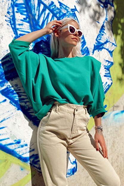 Swistluxury Kadin Yesil Vatkali Yarasa Kol Sweatshirt Trendyol