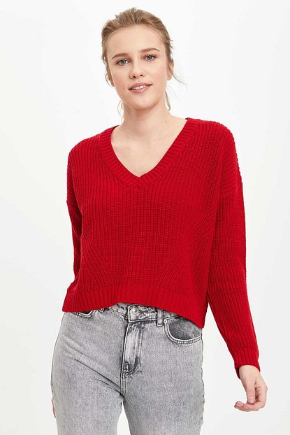 Defacto Kadin Kirmizi V Yaka Regular Fit Triko Kazak R2032az20au Trendyol