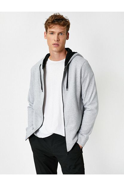 Koton Erkek Gri Uzun Kollu Kapusonlu Fermuarli Sweatshirt Trendyol