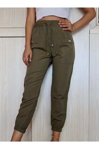 Yuna Kadin Haki Pacasi Beli Lastikli Keten Pantolon Trendyol