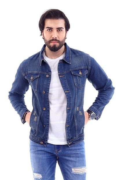 Damga Jeans Erkek Koyu Mavi Islemli Kot Ceket Trendyol