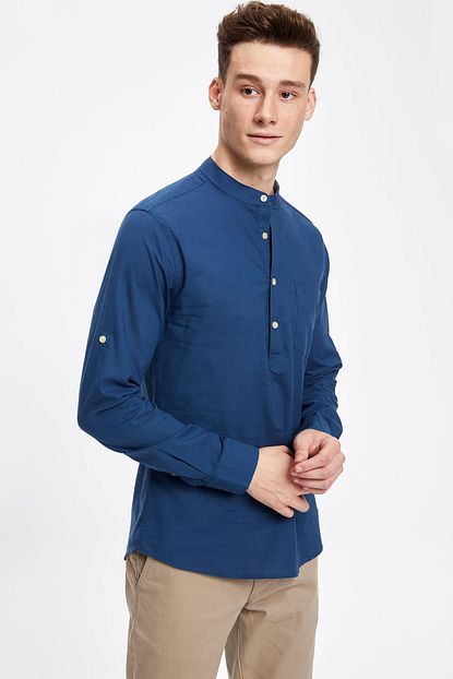 Defacto Erkek Hakim Yaka Yarim Dugmeli Slim Fit Gomlek K2091az 19sm In120 Trendyol