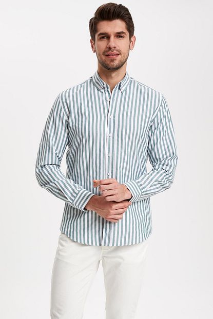 Defacto Erkek Yesil Cizgili Modern Fit Uzun Kollu Gomlek K8287az 19sm Gn824 Trendyol