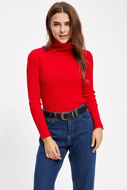 Defacto Kadin Kirmizi Balikci Yaka Slim Fit Triko Kazak K8503az 18cw Rd275 Trendyol