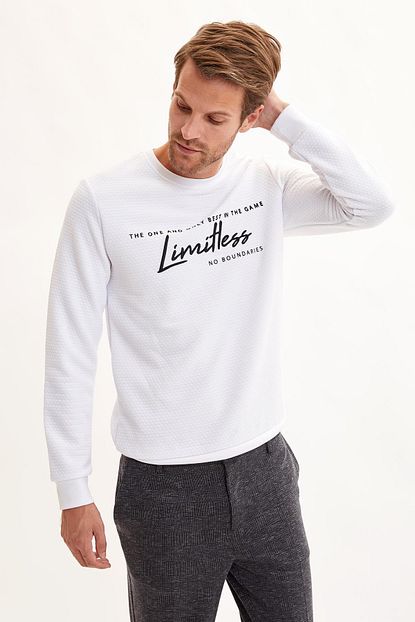Defacto Erkek Beyaz Baskili Slim Fit Sweatshirt Trendyol