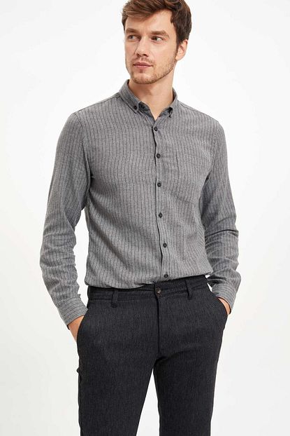 Defacto Erkek Gri Slim Fit Cizgili Gomlek M4599az 19wn Gr221 Trendyol