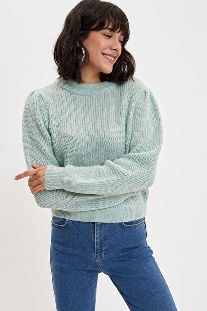 Defacto Kadin Yesil Balon Kollu Triko Kazak L9446az 19wn Gn874 Trendyol