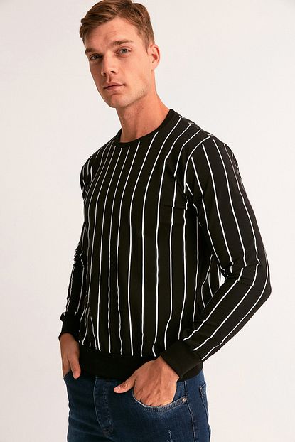 Fulla Moda Erkek Siyah Cizgili Sweatshirt Trendyol