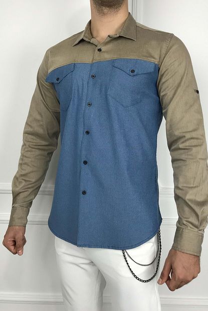 Baggy Erkek Mavi Parcali Iki Renk Kot Gomlek 00099store 605 Trendyol